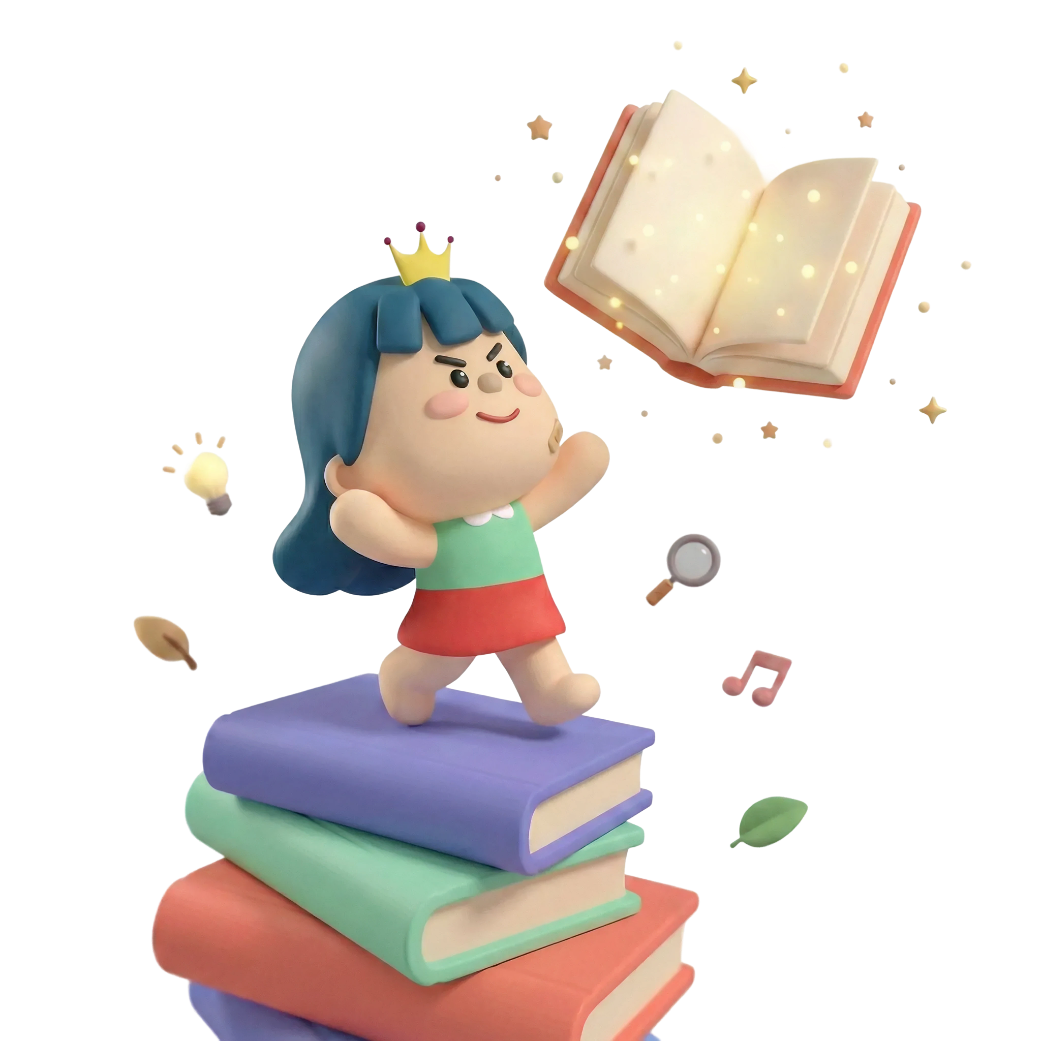 자발적 학습 - 책 위에서 빛나는 책을 향해 손을 뻗는 캐릭터