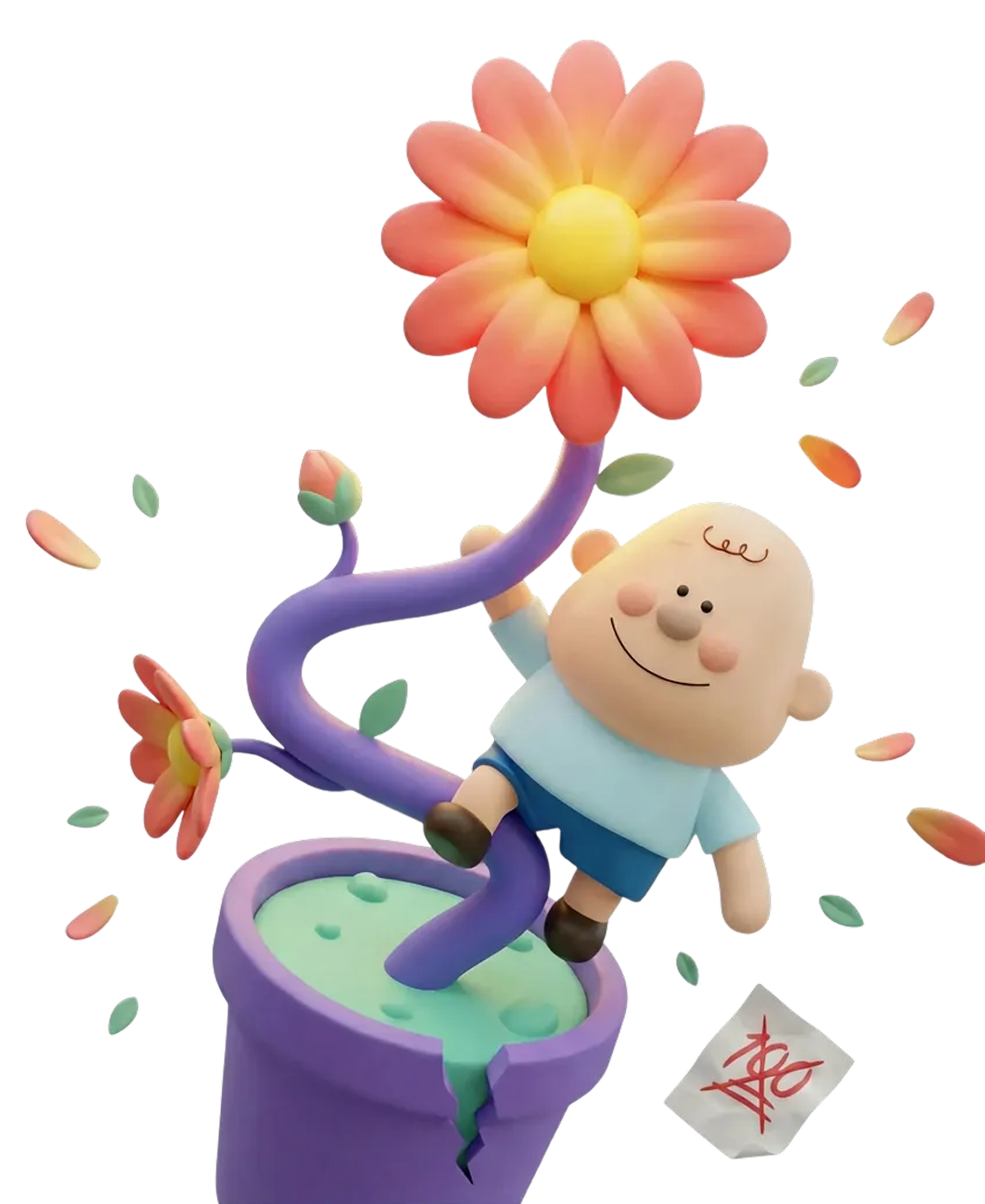 의미 있는 성장 - 보라색 화분 덩굴을 타고 올라가는 캐릭터