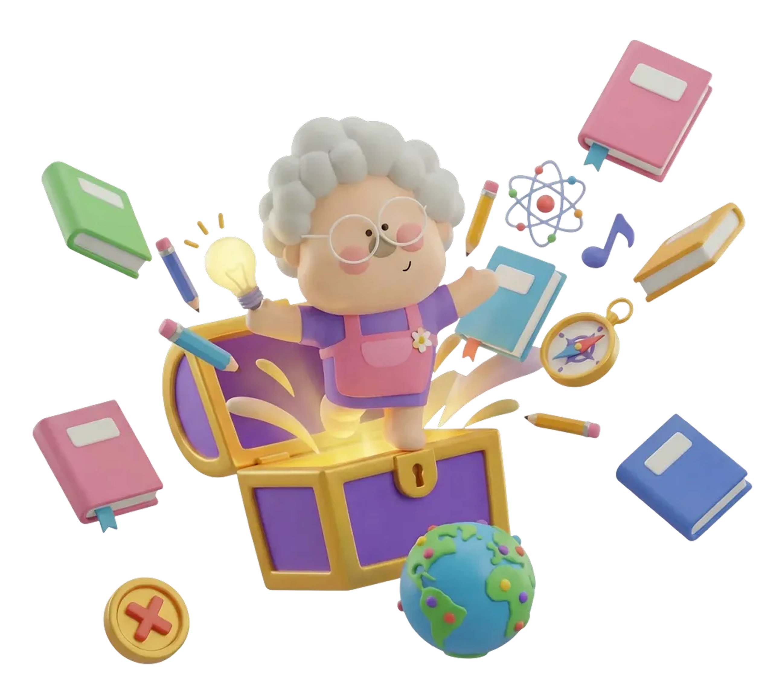 무료 교육 - 보물상자에서 지식을 나누는 캐릭터