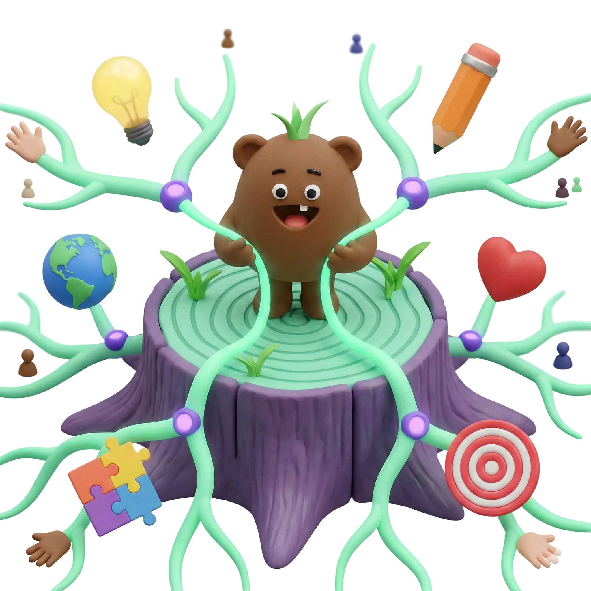 교육 변화 - 나무 그루터기 위에서 네트워크를 연결하는 캐릭터